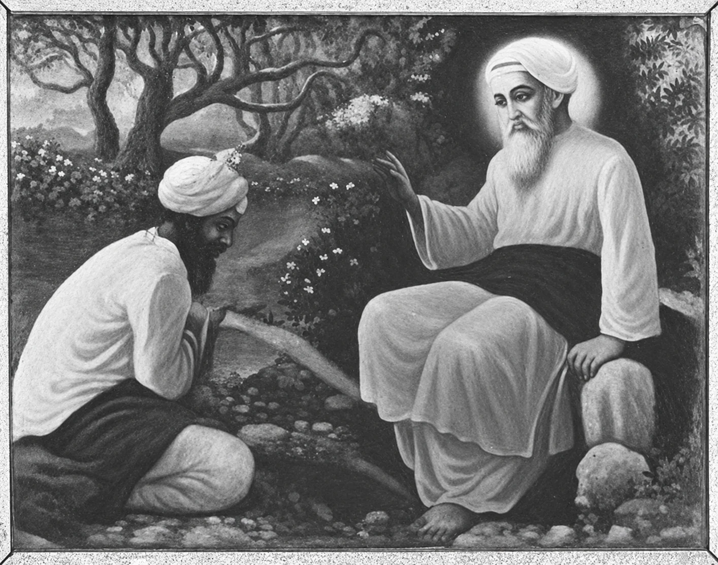 AI-assisted restoration of a painting depicting Guru Nanak seated beside the kneeling Shah Behlol, with trees behind them