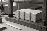 Folded paper signatures bound with linen on a wooden sewing frame — AI-generated editorial image