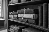 Cloth-wrapped manuscript volumes on wooden archive shelves — AI-generated editorial image