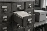 Wooden catalogue drawers with a tray of reference cards — AI-generated editorial image
